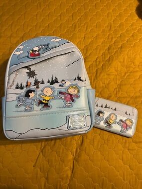 Loungefly Peanuts Kids Ice Skating Light Blue Backpack & Wallet Set